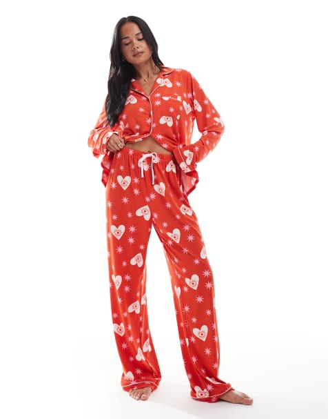 Loungeable super soft jersey revere top and wide leg pyjama set in red starry eyes print - view 1