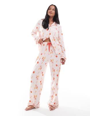 Loungeable Loungeable super soft jersey revere top and wide leg pyjama set with piping detail in cactus cowboy print-Multi
