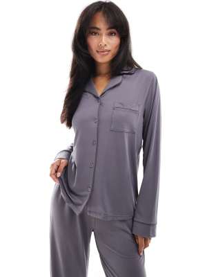 Loungeable Loungeable super soft jersey revere top and wide leg pyjama set with piping detail in charcoal-Grey