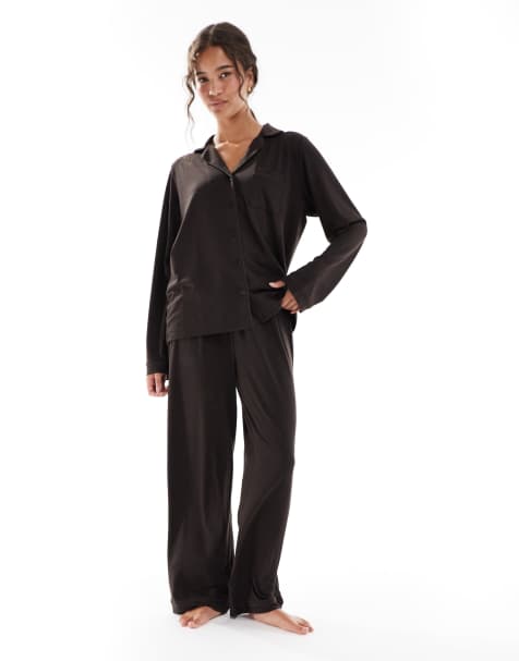 Loungeable super soft jersey revere top and wide leg pyjama set with piping detail in chocolate brown - view 1