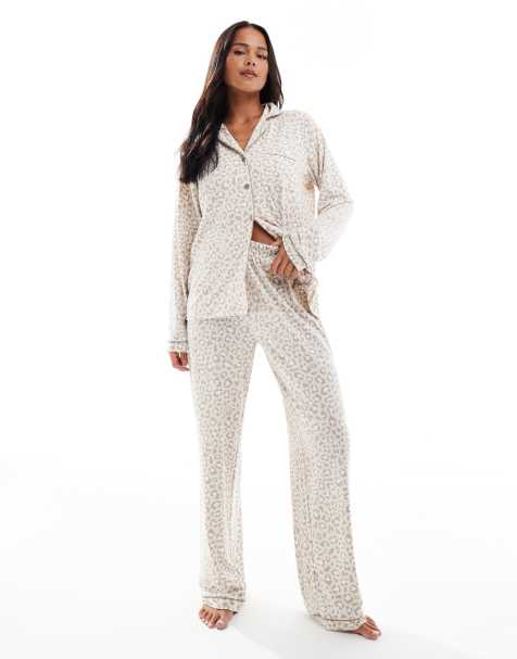 Loungeable super soft jersey revere top and wide leg pyjama set with piping detail in neutral leopard - view 1