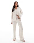[Loungeable] Loungeable super soft jersey revere top and wide leg pyjama set with piping detail in neutral leopard 14 BEIGE