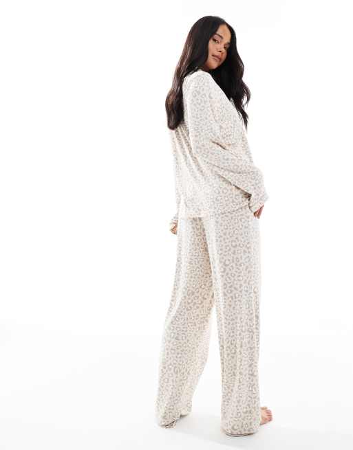Loungeable super soft jersey camp collar top and wide leg pants pajama set with piping details in neutral leopard