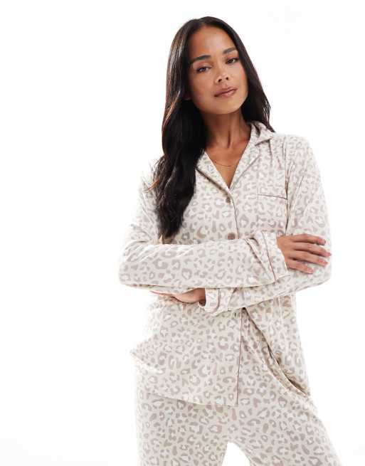 Loungeable super soft jersey camp collar top and wide leg pants pajama set with piping details in neutral leopard