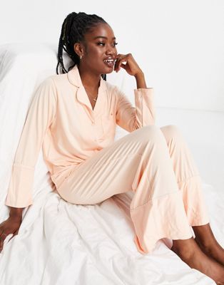 Loungeable super soft jersey revere top and wide leg pyjama set with piping detail in peach
