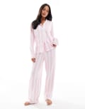 [Loungeable] Loungeable super soft jersey revere top and wide leg pyjama set with piping detail in pink stripe-Multi 8 MULTI