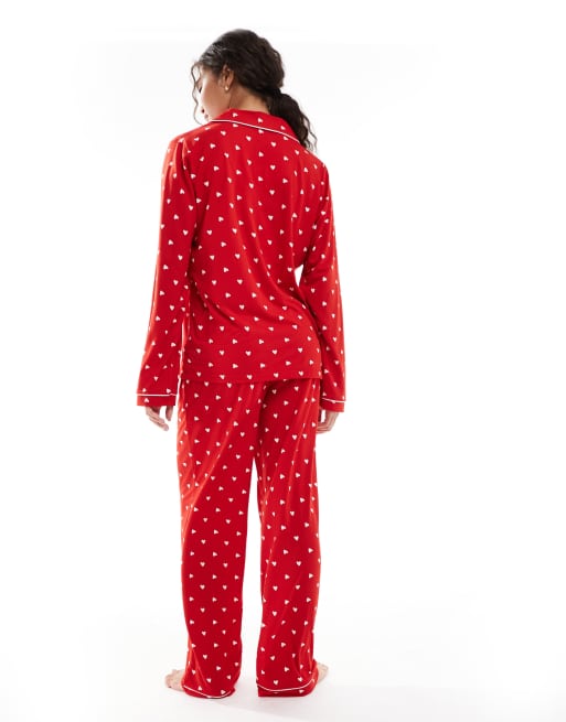 Loungeable super soft jersey revere top and wide leg pyjama set with piping detail in red heart print, 2 of 4