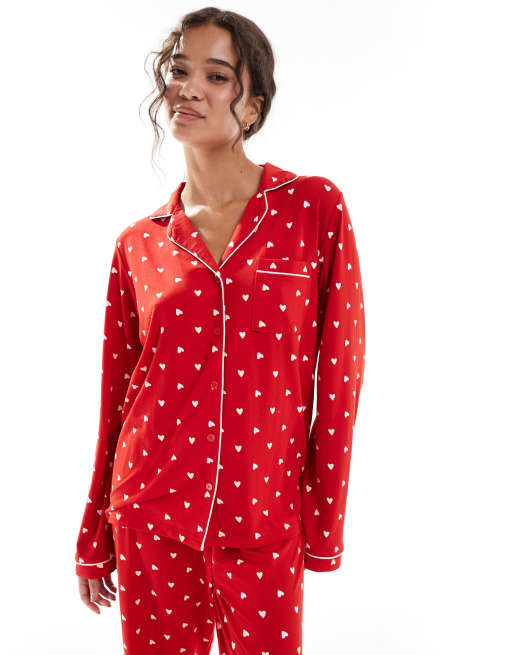 Loungeable super soft jersey revere top and wide leg pyjama set with piping detail in red heart print, 4 of 4