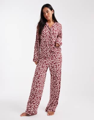 Loungeable Loungeable super soft jersey revere top and wide leg pyjama set with piping detail in red leopard print