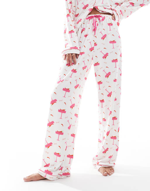 Loungeable super soft jersey revere top and wide leg pyjama set with piping detail in spicy marg print