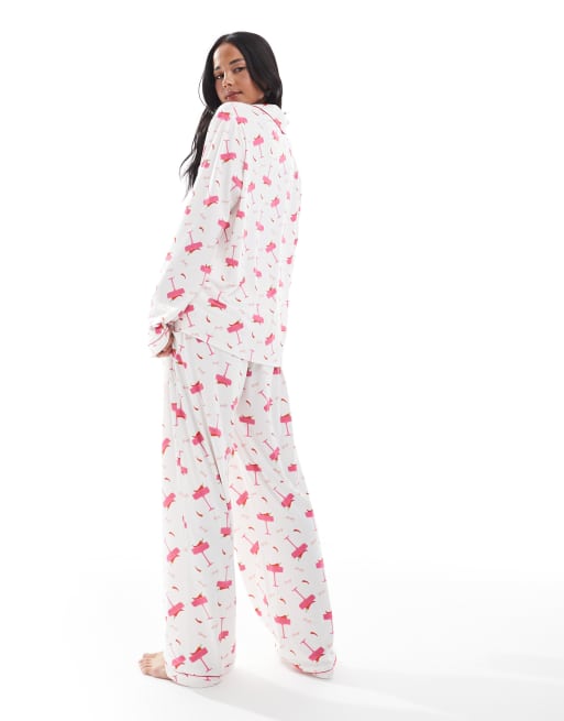 Loungeable super soft jersey revere top and wide leg pyjama set with piping detail in spicy marg print