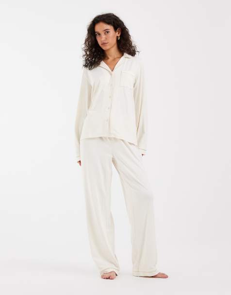 Loungeable super soft jersey revere top and wide leg pyjama set with piping in marshmallow - view 1