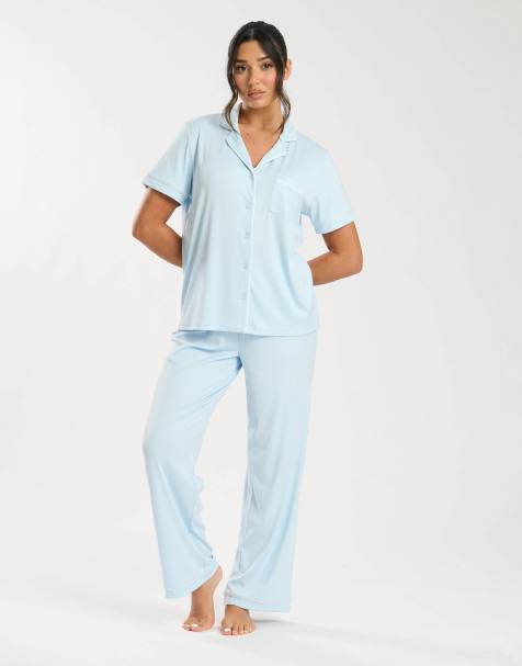 Loungeable Super soft jersey rib traditional short sleeve long pant set in blue - view 1