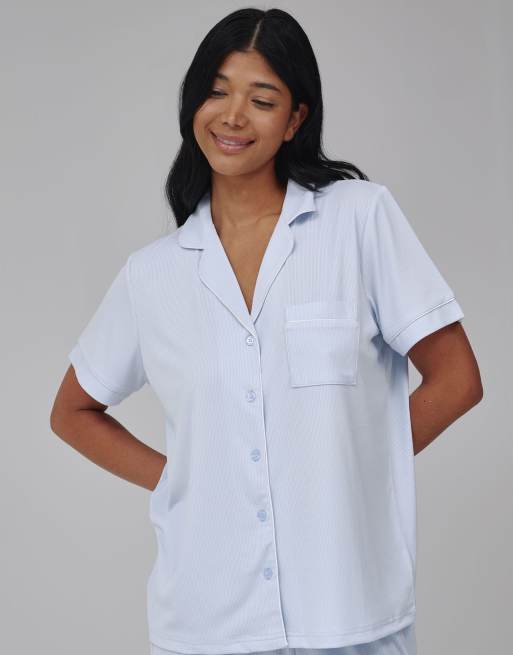 Loungeable Super soft jersey rib traditional short sleeve long pant set in blue, 2 of 4