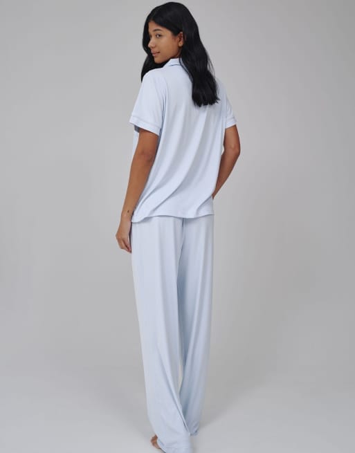 Loungeable Super soft jersey rib traditional short sleeve long pant set in blue, 4 of 4