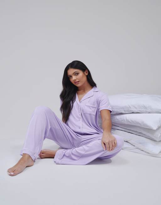 Loungeable Super soft jersey rib traditional short sleeve long pant set in lilac, 2 of 4