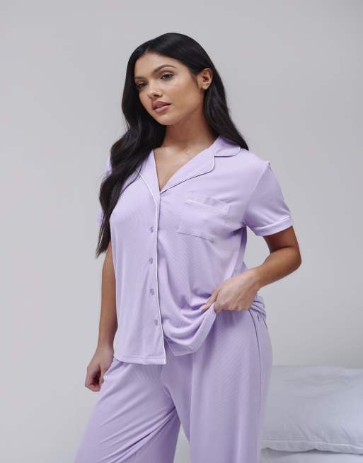 Loungeable Super soft jersey rib traditional short sleeve long pant set in lilac, 3 of 4