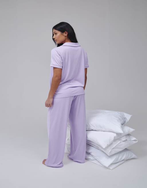 Loungeable Super soft jersey rib traditional short sleeve long pant set in lilac, 4 of 4