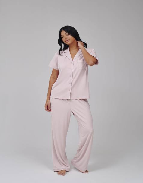 Loungeable Super soft jersey rib traditional short sleeve long pyjamas in pink - view 1