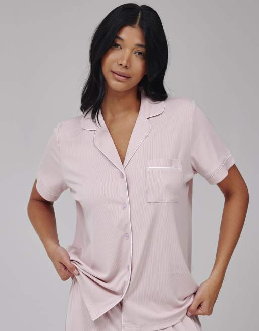 Loungeable Super soft jersey rib traditional short sleeve long pyjamas in pink, 2 of 4