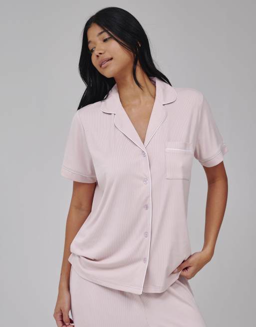 Loungeable Super soft jersey rib traditional short sleeve long pyjamas in pink, 3 of 4