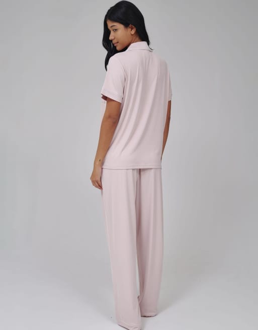 Loungeable Super soft jersey rib traditional short sleeve long pyjamas in pink, 4 of 4