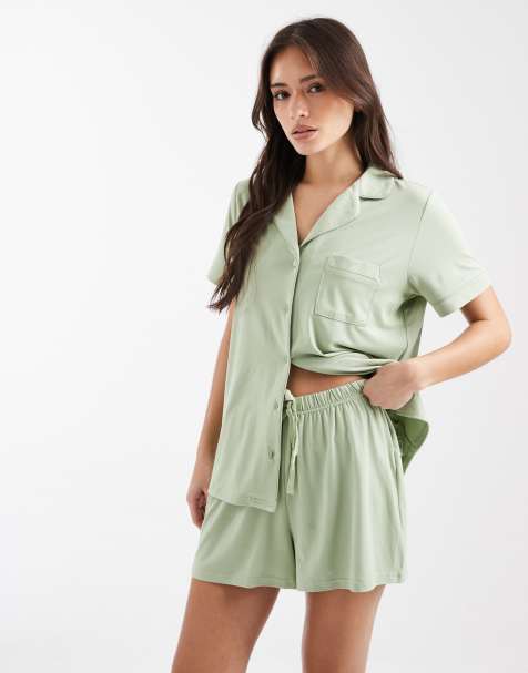 Loungeable super soft jersey short sleeve shirt & shorts set in muted sage - view 1