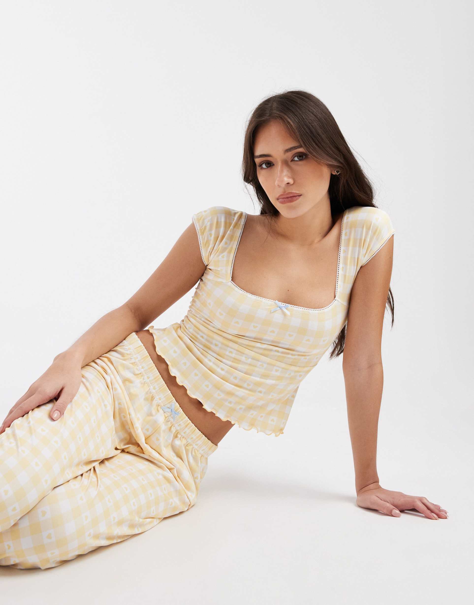 loungeable super soft jersey wide leg pants and cami top pajama set in butter yellow gingham