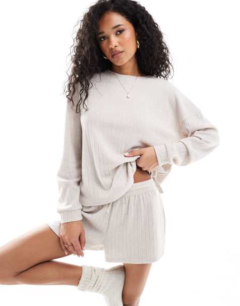 Loungeable super soft knit crew neck sweater and shorts in heathered beige - view 1