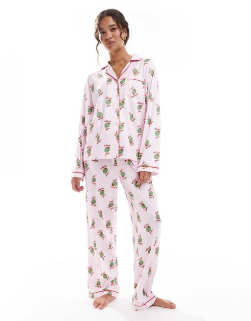 Loungeable super soft 'olive you' jersey camp collar top and wide leg pants pajama set in pink