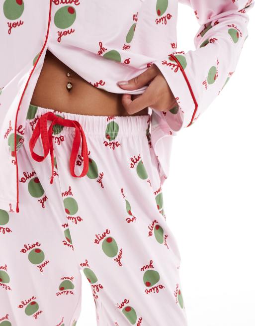 Loungeable super soft 'olive you' jersey camp collar top and wide leg pants pajama set in pink