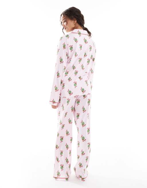 Loungeable super soft 'olive you' jersey revere top and wide leg pyjama set in pink, 4 of 4