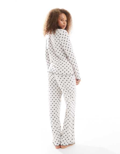 Loungeable super soft rib bow print pyjama set in cream marl, 4 of 4