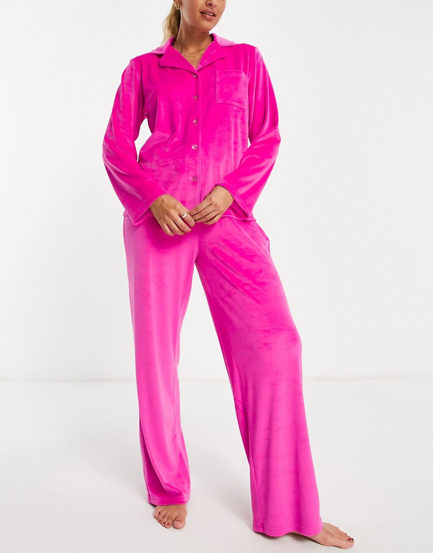 Loungeable super soft velour camp collar pajama set in hot pink