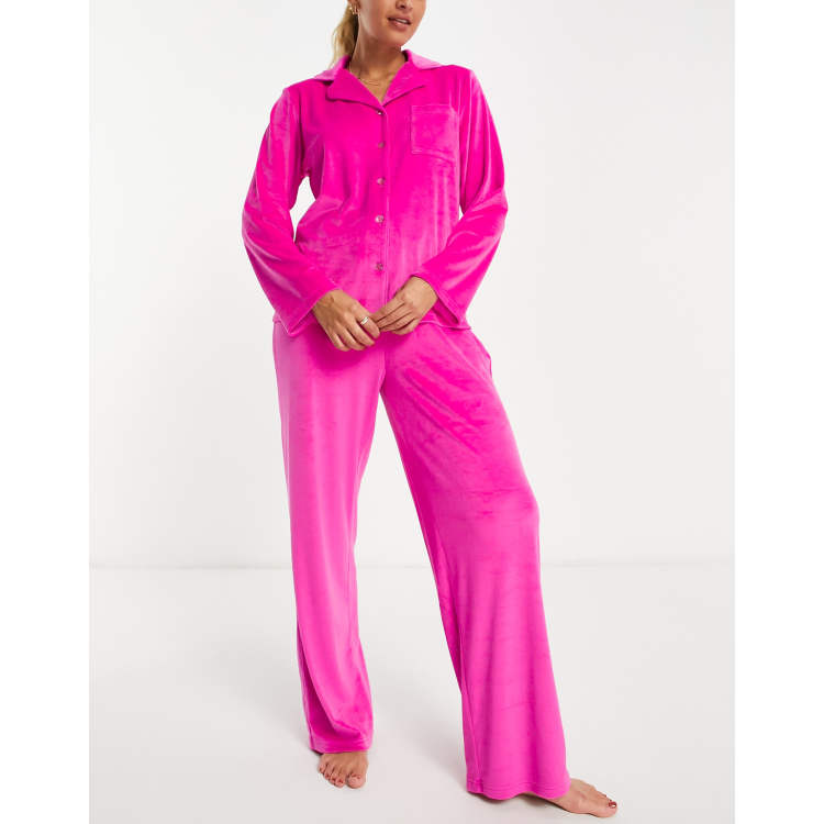 Neon Hot Pink Contrast Binding Satin Pajama Set