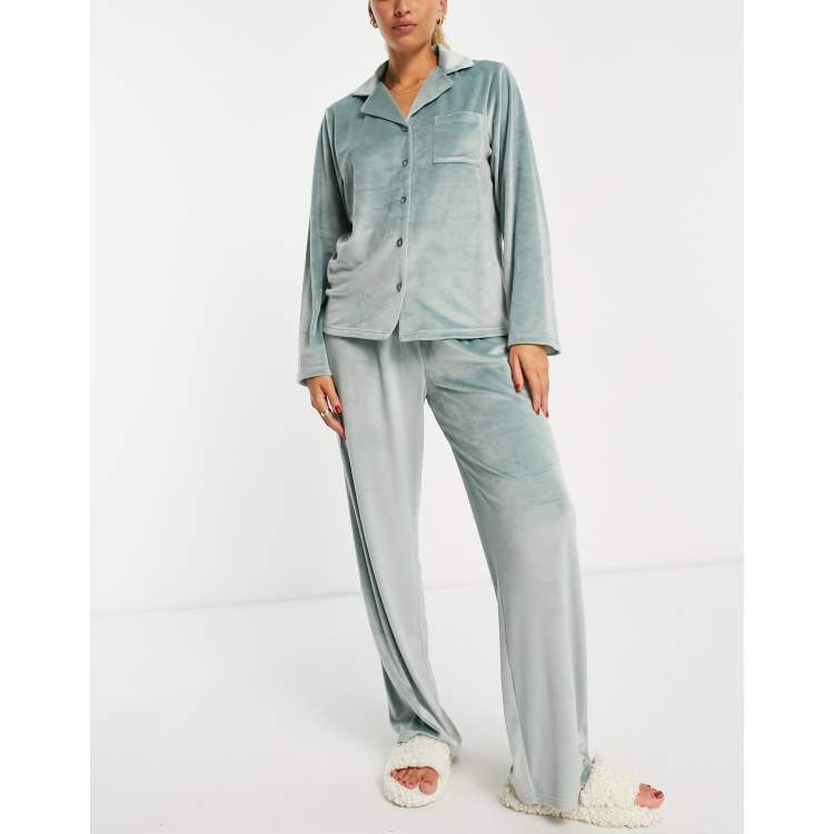 Loungeable Ombre Satin Camp Collar Pajama Set in Navy