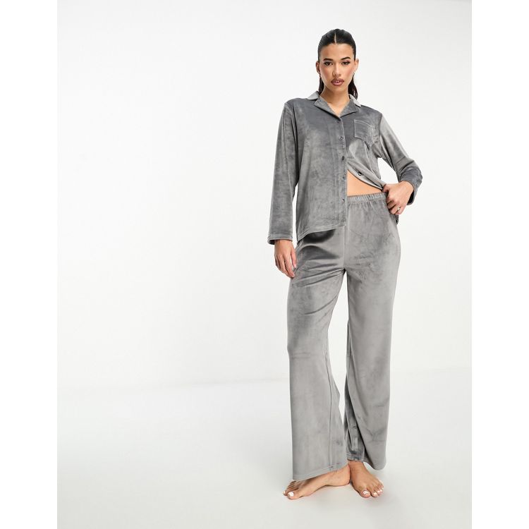 Loungeable super soft Velour revere pajama set in charcoal