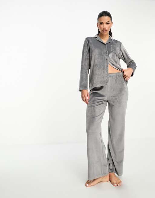 Loungeable super soft Velour revere pajama set in charcoal ASOS