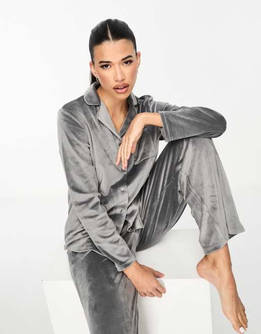 Loungeable super soft Velour revere pajama set in charcoal