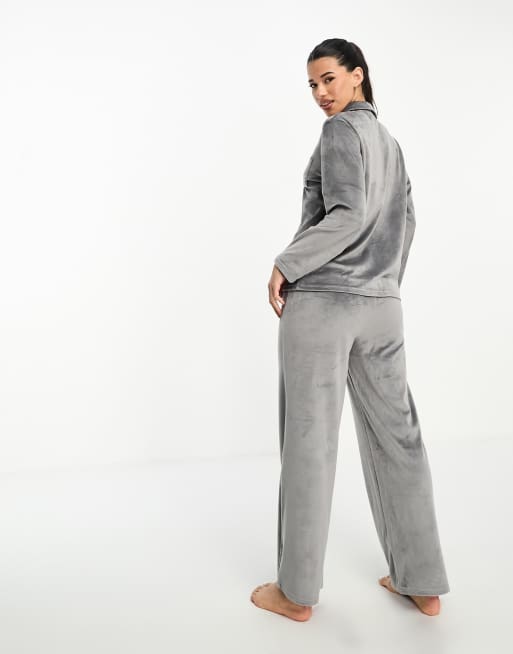 ASOS DESIGN soft jersey long sleeve shirt & pants pajama set with contrast  piping in heather gray