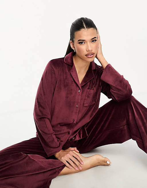 Loungeable super soft velour revere pyjama set in burgundy | ASOS