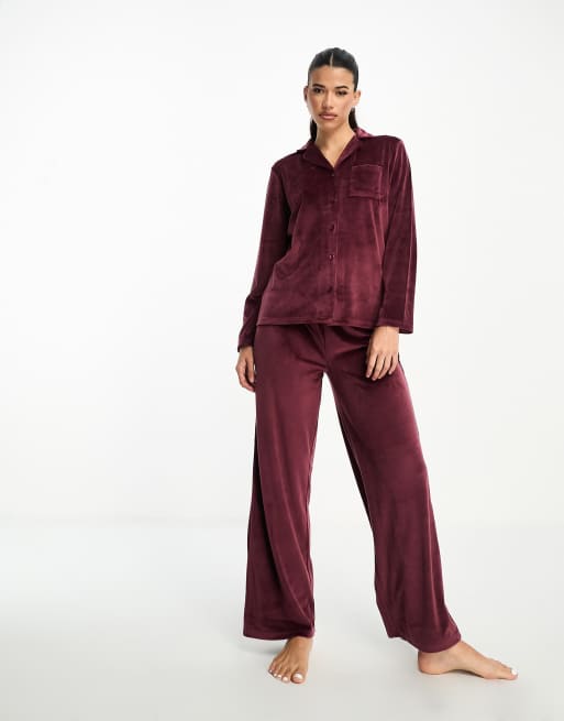 Burgundy Women Sleep Suit Velour 4PCS Pajamas Set Sleepwear Velvet