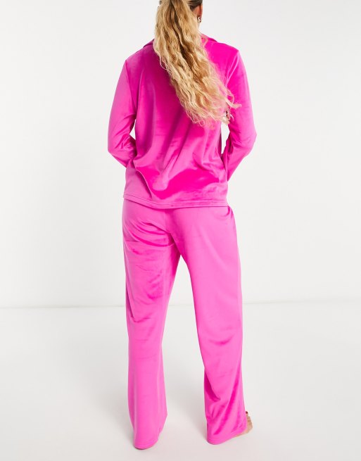 Loungeable super soft velour revere pyjama set in hot pink