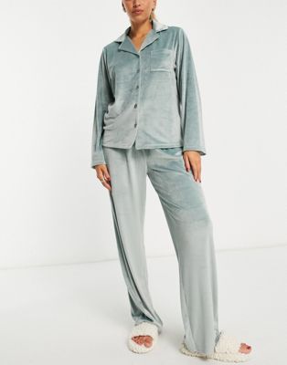 Loungeable super soft velour revere pyjama set in sage green