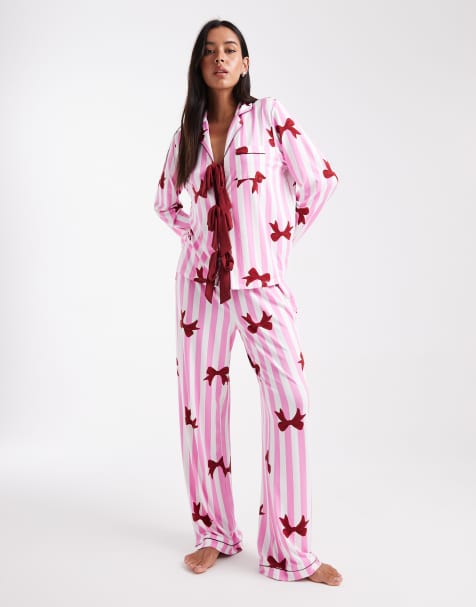 Loungeable supersoft jersey bow print pyjama set in pink stripe - view 1