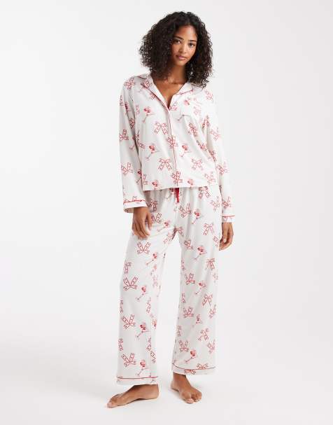 Loungeable supersoft jersey cocktails and bows pyjama set in cream - view 1