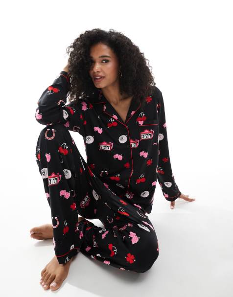 Loungeable supersoft jersey lucky print pajama set in black - view 1