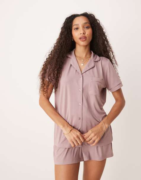 Loungeable supersoft jersey short sleeve shirt & shorts pajama set in dusty mauve - view 1