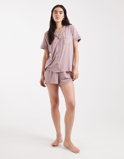 Loungeable supersoft jersey short sleeve shirt & shorts pajama set in dusty mauve, 3 of 4
