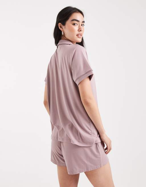 Loungeable supersoft jersey short sleeve shirt & shorts pyjama set in dusty mauve